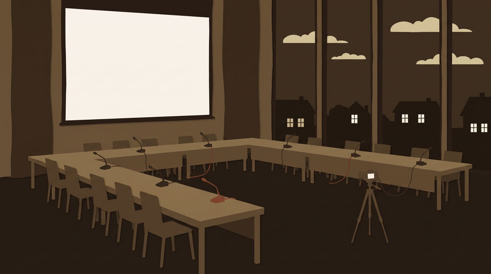 Illustration: Sitzungssaal am Abend mit Tischen in U-Form, Tischmikrofonen, Leinwand und einer Kamera auf dem Stativ
